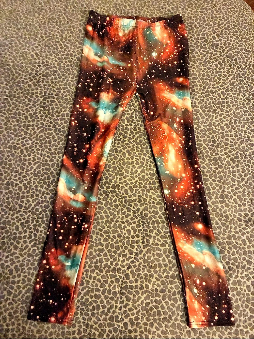 Galaxy Print Leggings in Black & Orange